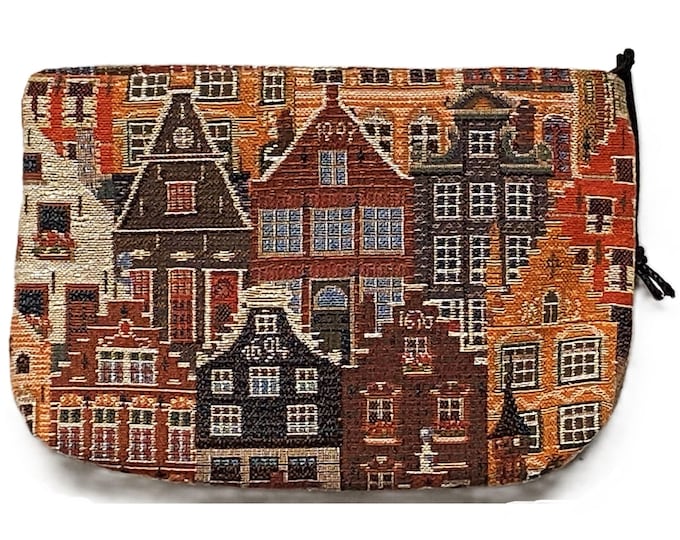 Brugge Huizen Bruges Maison Houses, Hand Finished BELGIAN TAPESTRY LARGE Trousse Purse Pouch Toiletry Cosmetic Bag 20CM x 15CM, with zip