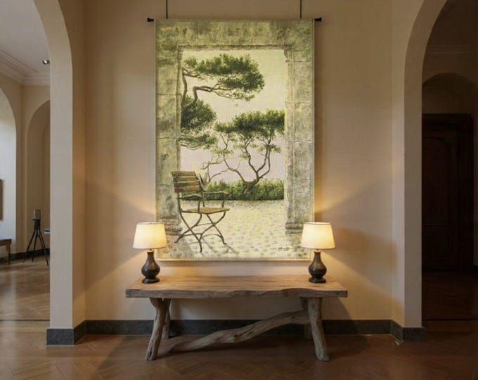 Garden Wall Patio Scene, BELGIAN Jacquard Woven Hand Finished TAPESTRY Wall Hanging, lined with hanging rod sleeve, 106cm x 70cm / 42" x 26"