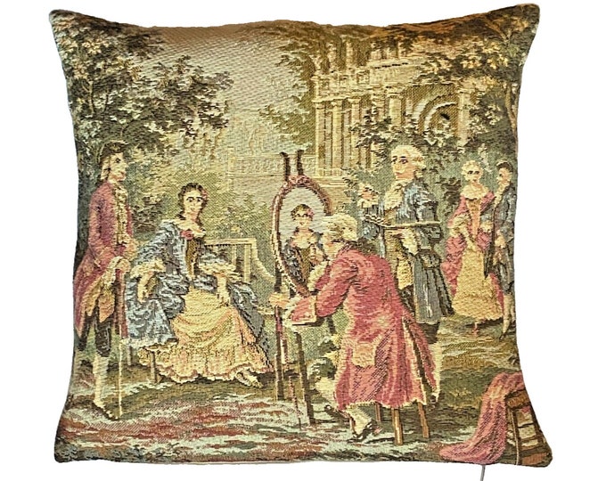 Francois Boucher Jardin Right Scene Part, BELGIAN Belgium Jacquard WOVEN Hand Finished Tapestry Pillow Cushion Cover, 33cm x 33cm 13" x 13"