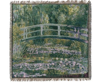 BELGIAN Jacquard Woven 150cm x 150cm MONET Giverny Japanese Bridge TAPESTRY Table Chair Sofa Throw Bed Spread Occasional Cover with Tassels