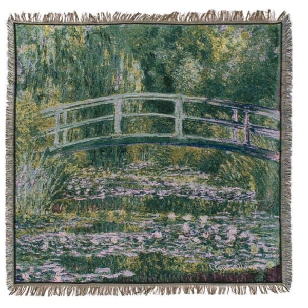 BELGIAN Jacquard Woven 150cm x 150cm MONET Giverny Japanese Bridge TAPESTRY Table Chair Sofa Throw Bed Spread Occasional Cover with Tassels