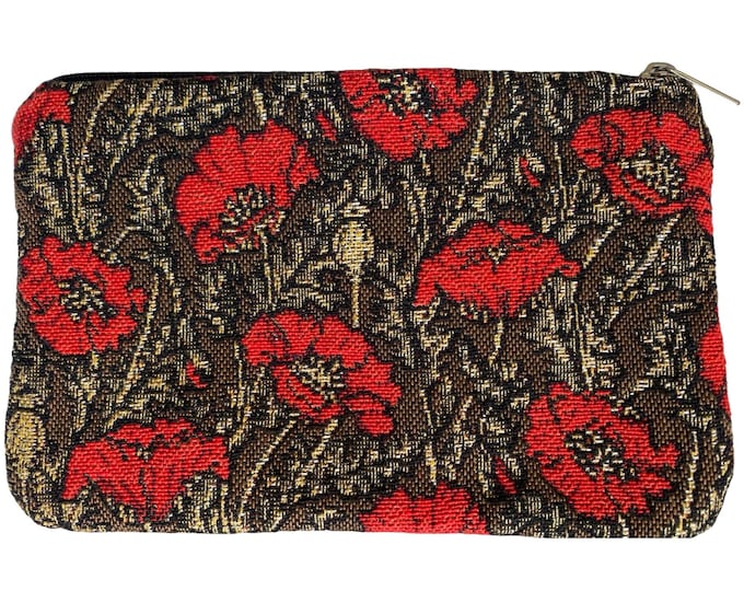 Poppies with Silver Lurex on Brown Background Hand Finished BELGIAN TAPESTRY Purse Pouch Toiletry Cosmetics Bag 17cm x 11cm, lined with zip