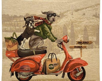 Red Scooter Lambretta Dog Racers, BELGIAN Jacquard WOVEN Hand Finished Tapestry Pillow Cushion Cover, Beige Velvet Reverse, 46cm 18", 1649A