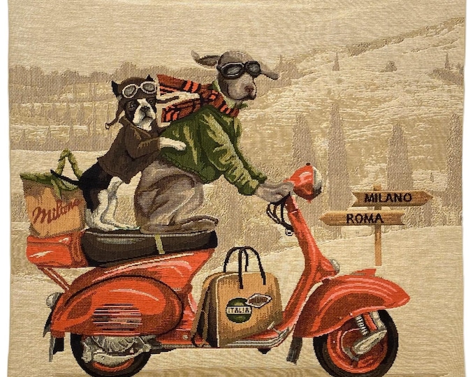 Red Scooter Lambretta Dog Racers, BELGIAN Jacquard WOVEN Hand Finished Tapestry Pillow Cushion Cover, Beige Velvet Reverse, 46cm 18", 1649A