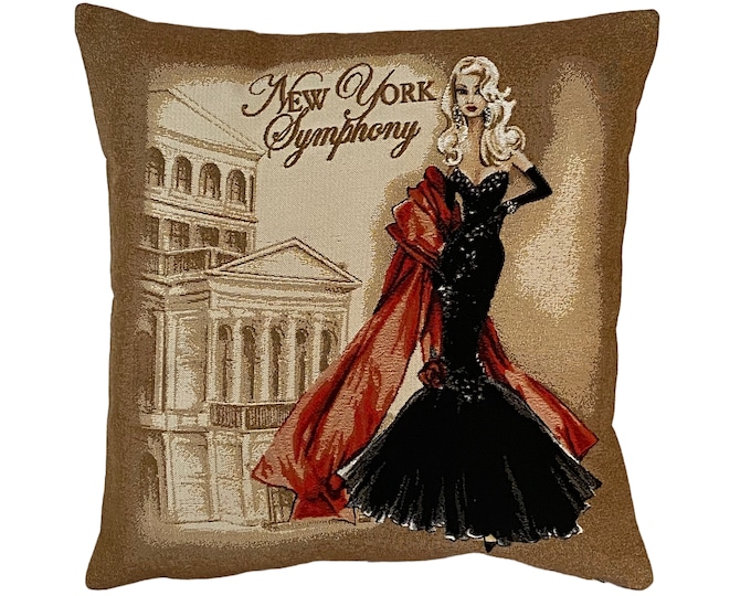 BELGIAN JACQUARD WOVEN Hand Finished Tapestry Pillow Cushion Cover, New York Symphony, 16" x 16" 42cm x 42cm