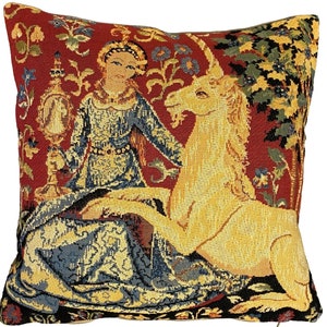 Cluny Lady & the Unicorn The VIEW Sight BELGIAN Belgium Jacquard WOVEN Hand Finished Tapestry Pillow Cushion Cover, 35cm, 14&quot;, with zip