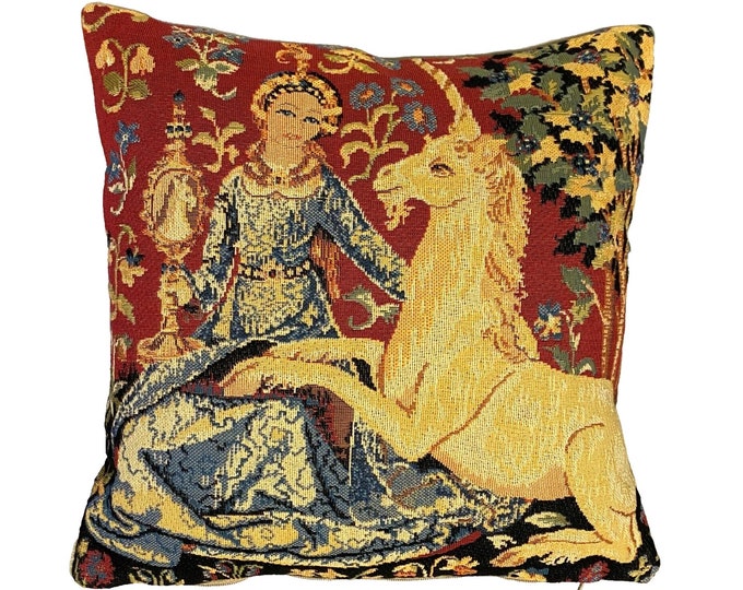 Cluny Lady & the Unicorn The VIEW Sight BELGIAN Belgium Jacquard WOVEN Hand Finished Tapestry Pillow Cushion Cover, 35cm, 14", with zip