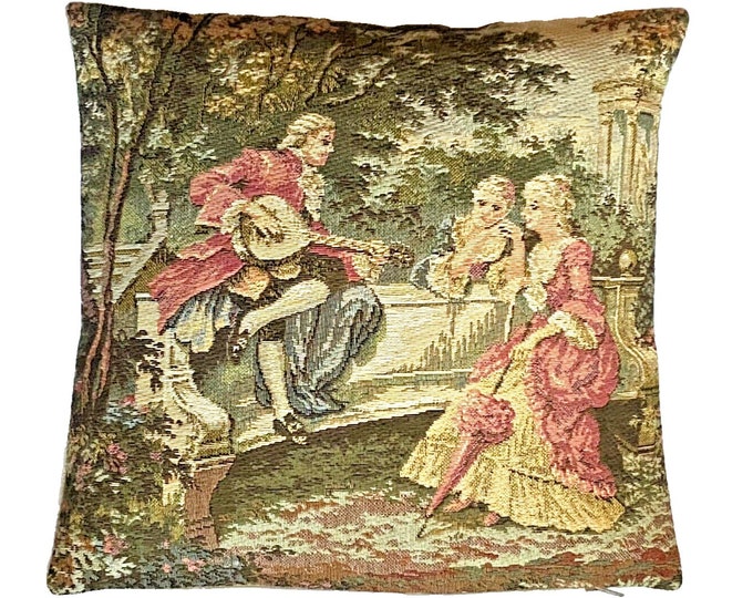 Francois Boucher Jardin Left Scene Part, BELGIAN Belgium Jacquard WOVEN Hand Finished Tapestry Pillow Cushion Cover, 33cm x 33cm 13" x 13"