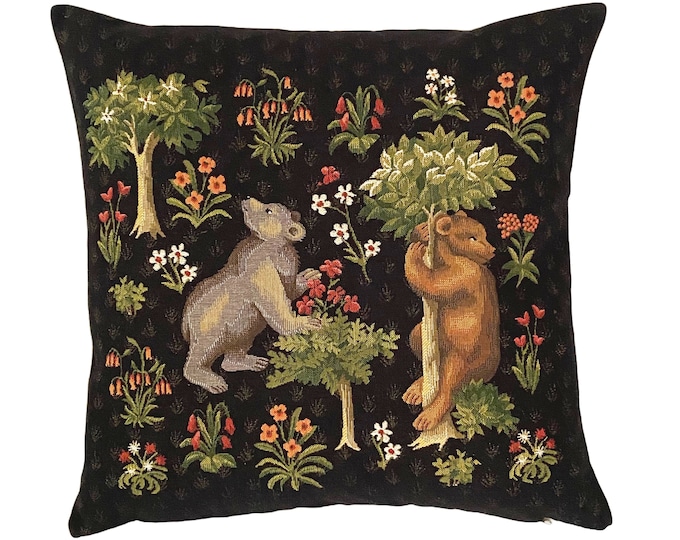 BELGIAN WOVEN Hand Finished 45cm x 45cm 18" x 18" Forest Bears With Millefleurs Design Tapestry Pillow Cushion Cover V1 4619