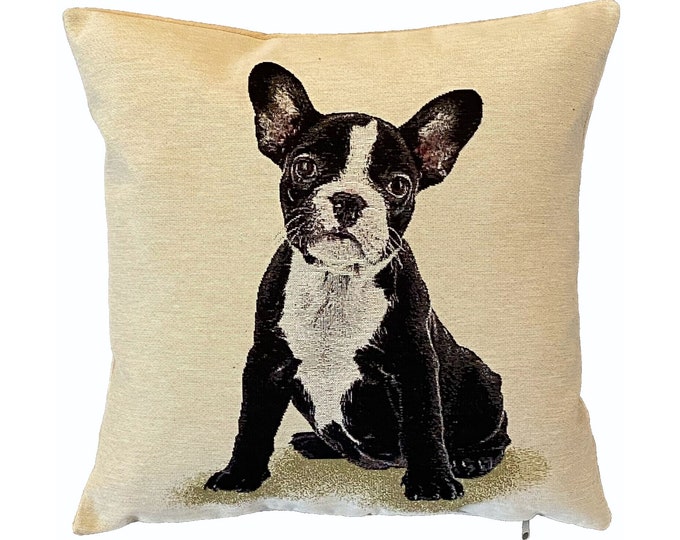 Frenchie French Bulldog Dog Hand Finished Tapestry Pillow Cushion Cover, Zip, Soft Touch Velvet Cotton Reverse 44cm x 44cm 17" x 17"