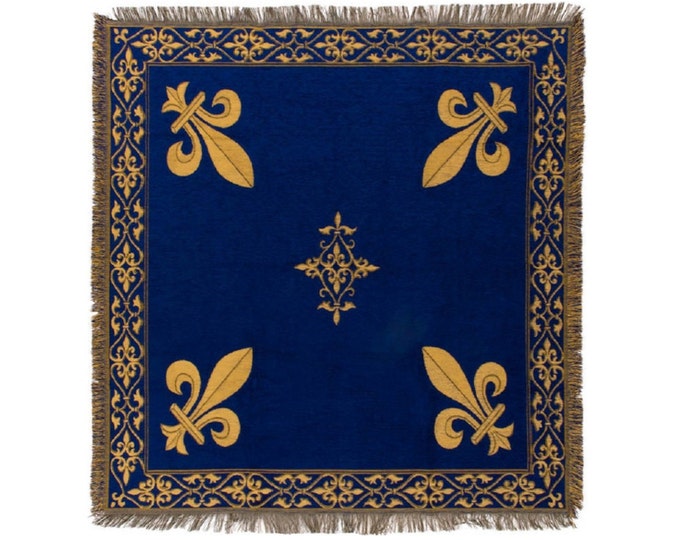 BELGIAN Jacquard Woven 150cm x 150cm Fleur de Lys Blue & Gold TAPESTRY Table Chair Sofa Throw Bed Spread Occasional Cover with Tassels