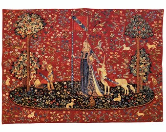 Cluny Lady & the Unicorn The Touch BELGIAN Belgium jacquard woven tapestry wall hanging 39" x 27" / 98cm x 69cm, lined with rod sleeve