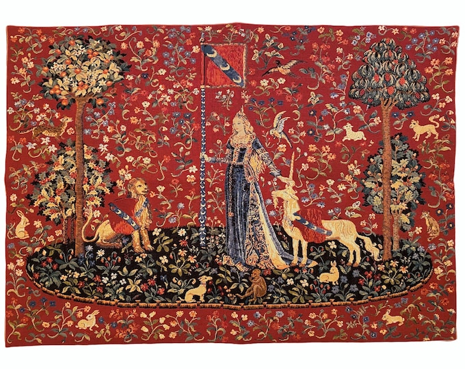 Cluny Lady & the Unicorn The Touch BELGIAN Belgium jacquard woven tapestry wall hanging 39" x 27" / 98cm x 69cm, lined with rod sleeve
