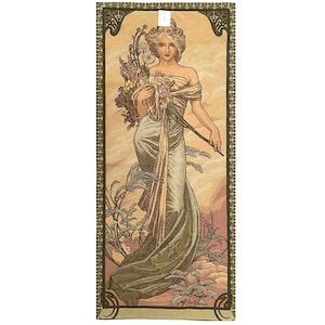 Tapisserie GOBELIN FRANÇAIS 45 cm x 100 cm finie à la main d&#39;Alphonse MUCHA&#39;S Saisons Printemps / Printemps, entièrement doublée avec manchon de tige