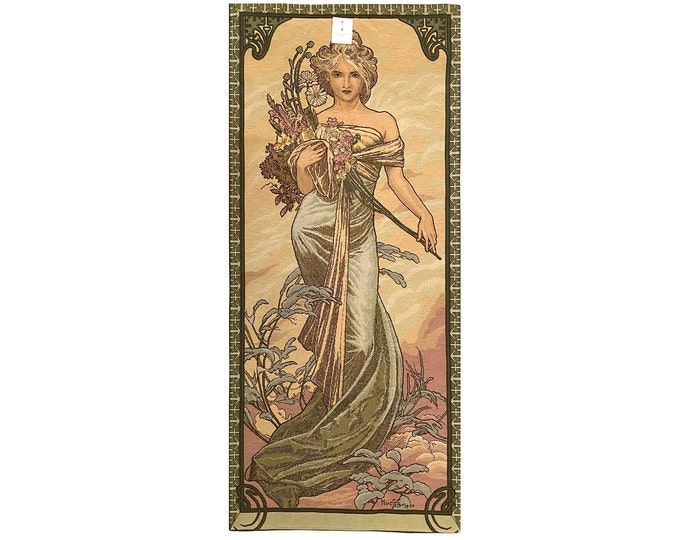 Hand Finished 45cm x 100cm FRENCH GOBELIN Tapestry Wall Hanging of Alphonse MUCHA'S Seasons Printemps / Spring, fully lined with rod sleeve