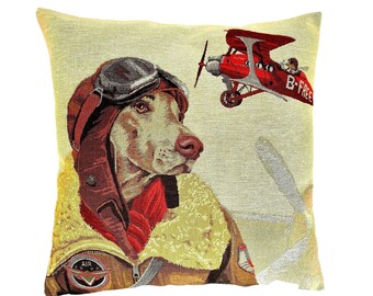 Red Aeroplane Biplane Dog Flyer Pilot , BELGIAN Jacquard WOVEN Hand Finished Tapestry Pillow Cushion Cover, 46cm x 46cm, 18" x 18", 1593A