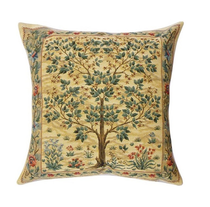 Tree of Life William MORRIS Design BELGIAN Belgium Jacquard WOVEN Hand Finished 47cm 18 Fauve Fine Arts Tapestry Pillow Cushion Cover image 1