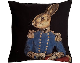 BELGIAN JACQUARD WOVEN Hand Finished Forest Animals Fauve Fine Arts Tapestry Pillow Cushion Cover, Aristorabbit Rabbit, gold lurex, 46cm 18"