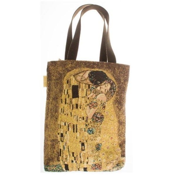 BELGIAN Tapisserie Tissée Tote Sac à Bandoulière Tote Fini à la Main Sac à Main, GUSTAV KLIMT Le Baiser, Fauve Fine Arts, 38cm x 34cm Hors Poignées