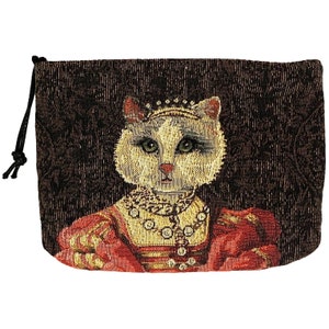 Katzenliebhaber BELGIAN TAPESTRY Trousse Geldbörse Kulturbeutel Kosmetiktasche 20 cm x 15 cm, Regal Cat mit rotem Kleid und Tiara / Krone, mit Reißverschluss