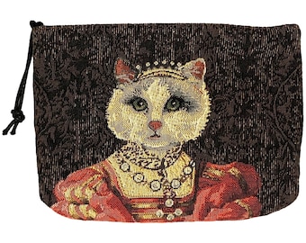 Cat lovers BELGIAN TAPESTRY Trousse Purse Pouch Toiletry Cosmetic Bag 20CM X 15CM, Regal Cat with Red Dress & Tiara / Crown, with zip