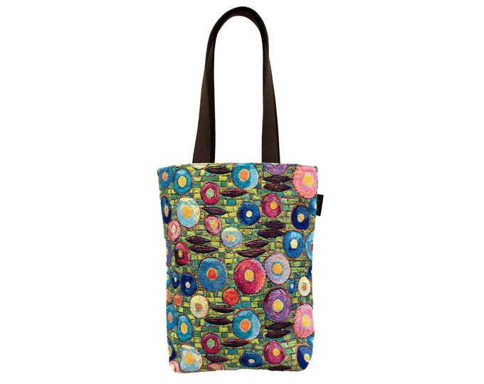 BELGIAN Tapestry Woven Hand Finished Tote Shoulder Bag Handbag, GUSTAV KLIMT Circles, Fauve Fine Arts, 38cm x 34cm Excluding Handles