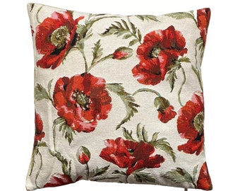 Large Red POPPIES on Blue Background, BELGIAN Belgium Jacquard WOVEN Hand Finished Tapestry Pillow Cushion Cover, 46cm x 46cm, 18" x 18"