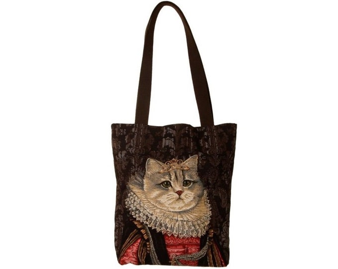 Cat lovers BELGIAN TAPESTRY Shopping Tote Bag 38CM X 34CM, Regal Cat with Elizabethan Ruff and Tiara / Crown
