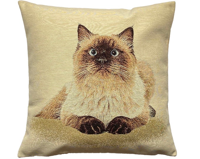 Cute Balinese Siamese French Hand Finished Tapestry Pillow Cushion Cover WIth Zip & Soft Touch Velvet Cotton Reverse, 44cm x 44cm, 17" x 17"