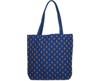 BELGIAN Tapestry Woven Hand Finished Tote Shoulder Bag Handbag, FLEUR de LYS Blue & Gold, 46cm x 46cm 18" x 18" Excluding Handles