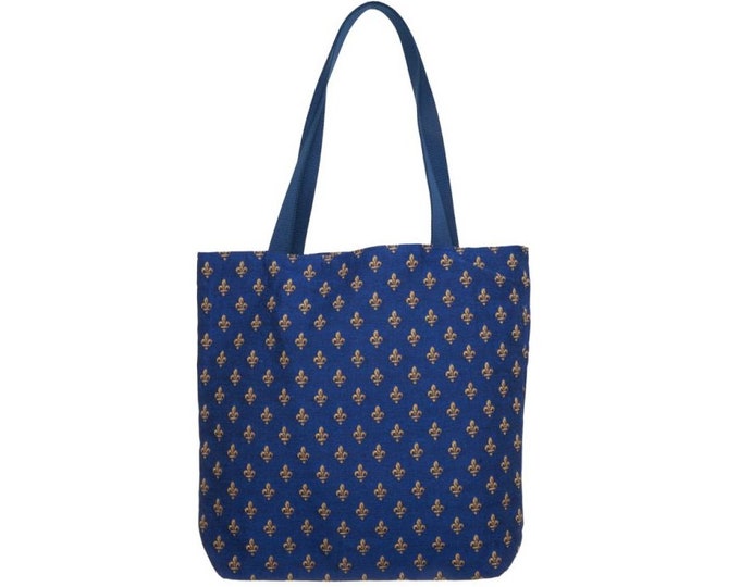 BELGIAN Tapestry Woven Hand Finished Tote Shoulder Bag Handbag, FLEUR de LYS Blue & Gold, 46cm x 46cm 18" x 18" Excluding Handles