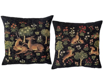 Set of 2 BELGIAN WOVEN Hand Finished Tapestry Pillow Cushion Covers 45cm x 45cm 18" x 18", Forest Rabbits & Deer With Millefleurs Design