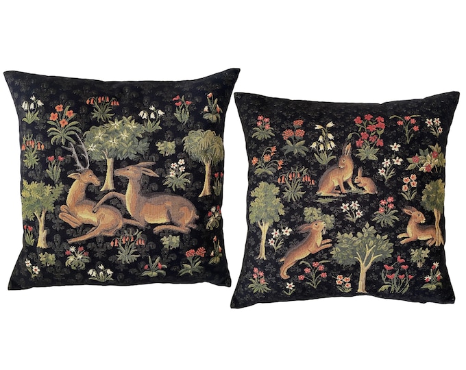 Set of 2 BELGIAN WOVEN Hand Finished Tapestry Pillow Cushion Covers 45cm x 45cm 18" x 18", Forest Rabbits & Deer With Millefleurs Design