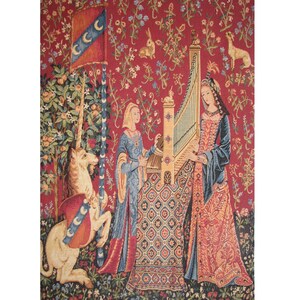 クリュニー婦人とユニコーン 公聴会 ベルギー ベルギー ジャカード織りタペストリー 壁掛け 24.5" x 18" 62 cm x 46 cm、総裏地 + ロッドスリーブ