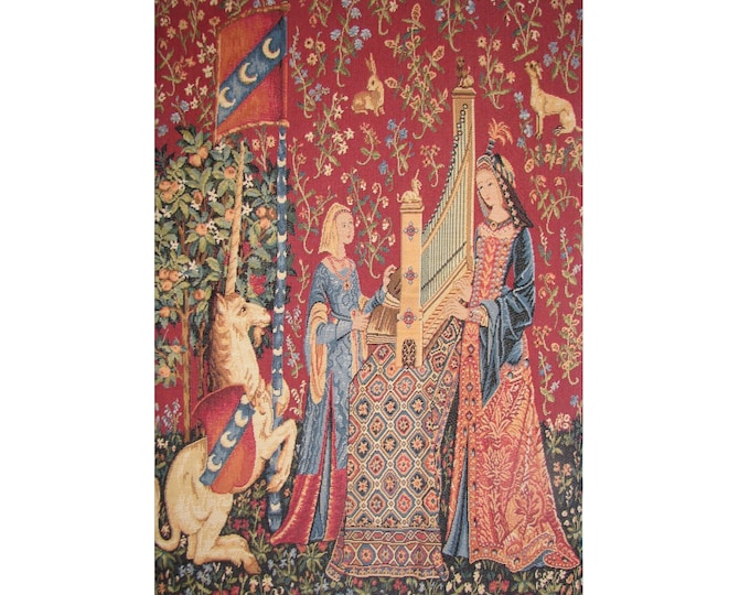 Cluny Lady & the Unicorn The Hearing BELGIAN Belgium jacquard woven tapestry wall hanging 24.5" x 18" 62cm x  46cm, fully lined + rod sleeve