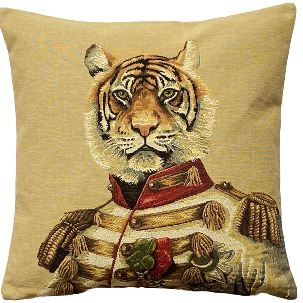 Aristocratic Military Safari Tiger Animal BELGIAN Belgium Jacquard WOVEN Hand Finished 46cm 18" Tapestry Pillow Cushion Cover, Velvet Back