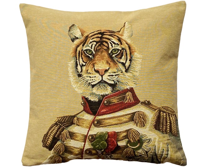 Aristocratic Military Safari Tiger Animal BELGIAN Belgium Jacquard WOVEN Hand Finished 46cm 18" Tapestry Pillow Cushion Cover, Velvet Back