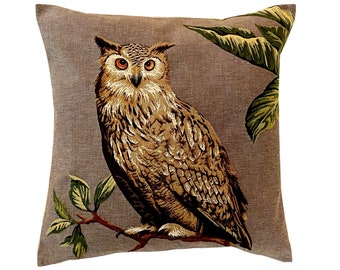 Long Eared Owl BELGIAN JACQUARD WOVEN Hand Finished Fauve Fine Arts Tapestry Cushion Pillow Cover with Zipper, 46cm x 46cm, 18" x 18"