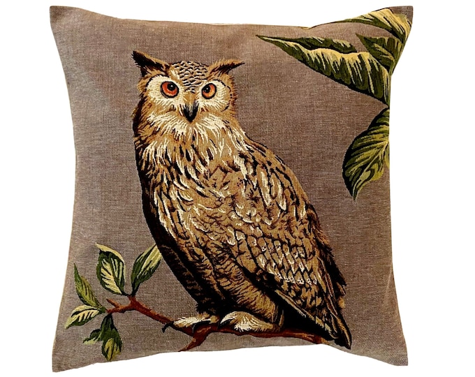 Long Eared Owl BELGIAN JACQUARD WOVEN Hand Finished Fauve Fine Arts Tapestry Cushion Pillow Cover with Zipper, 46cm x 46cm, 18" x 18"