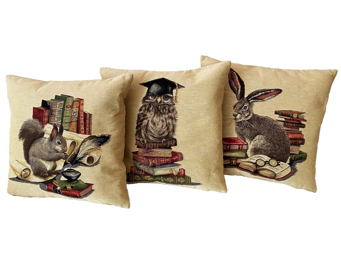 Set of 3 Forest Animals with Books BELGIAN JACQUARD WOVEN Hand Finished Fauve Fine Arts Tapestry Cushion Pillow Cover with Zipper, 46cm, 18"