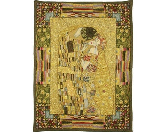 GUSTAV KLIMT The KISS 60cm x 42cm (23.6" x 16.5") High Quality Belgian Jacquard Woven Hand Finished Lined Tapestry Wall Hanging + Rod Sleeve