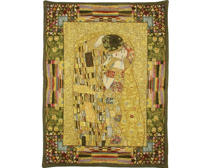 GUSTAV KLIMT The KISS 60cm x 42cm (23.6" x 16.5") High Quality Belgian Jacquard Woven Hand Finished Lined Tapestry Wall Hanging + Rod Sleeve