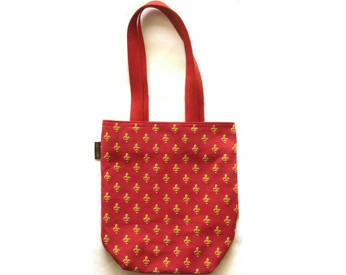 BELGIAN Tapestry Woven Hand Finished Tote Shoulder Bag Handbag, FLEUR de LYS Red & Gold, Fauve Fine Arts, 38cm x 34cm Excluding Handles