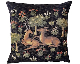 BELGIAN Jacquard WOVEN Hand Finished 45cm x 45cm / 18" x 18" Forest Deer With Millefleurs Design Tapestry Cushion Pillow Cover