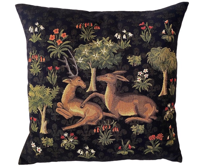 BELGIAN Jacquard WOVEN Hand Finished 45cm x 45cm / 18" x 18" Forest Deer With Millefleurs Design Tapestry Cushion Pillow Cover