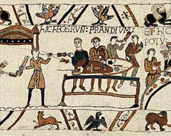 Reproduction of part of BAYEUX tapestry BANQUET 57cm x 140cm BELGIAN jacquard woven tapestry wall hanging fully lined + rod sleeve