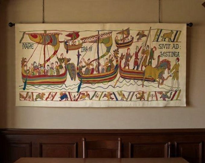 Reproduction of ARMADA from BAYEUX tapestry 71" X 27" (70cm x 178cm) BELGIAN jacquard woven tapestry wall hanging, fully lined + rod sleeve