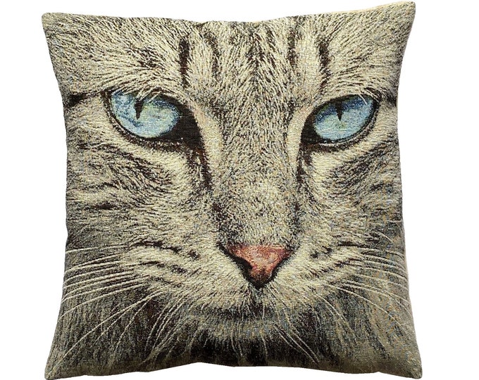 Javanese Tabby Type Cat French Hand Finished Tapestry Pillow Cushion Cover, Zip, Soft Touch Velvet Cotton Reverse, 44cm x 44cm, 17" x 17"