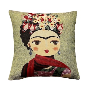 Frida KAHLO Cartoon, francuska ręcznie wykończona poszewka na poduszkę z gobelinu z zamkiem błyskawicznym i miękką w dotyku bawełnianą stroną tylną, 44 cm x 44 cm, 17" x 17"