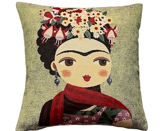 Frida KAHLO Cartoon, French Hand Finished Tapestry Pillow Cushion Cover WIth Zip & Soft Touch Velvet Cotton Reverse, 44cm x 44cm, 17" x 17"